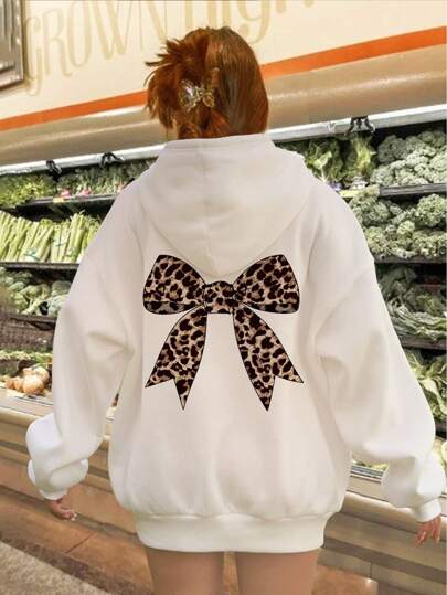 SHEIN EZwear Παχύ φούτερ με κουκούλα με κουκούλα με φιόγκο με λεοπάρ στάμπα για γυναίκες, που ταιριάζει για το φθινόπωρο και το χειμώνα
