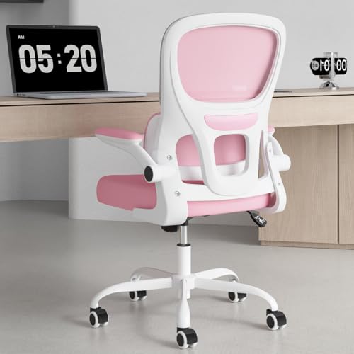 Soohow Ergonomic Home Office Chair, Mesh Desk Chair with Lumbar Support, Comfy Computer Desk Chair with Flip Armrest Rolling Wheels, Pink. - Pink - Normal