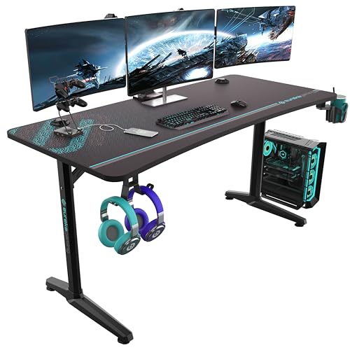 EUREKA ERGONOMIC Gaming Desk 152×70cm Computer Desk with Arc Ergonomic Large Home Office Desk Workstation w Carbon Fiber Surface, Full Desk Mouse Pad - Black