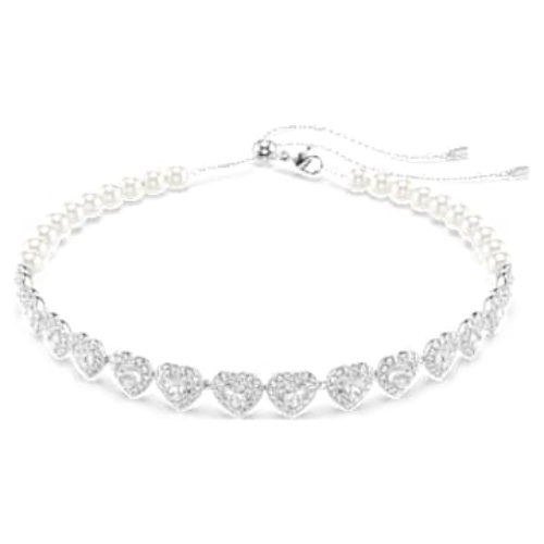 Ariana Grande x Swarovski Tennis choker, Mixed cuts, Crystal pearl, Heart, White, Rhodium plated