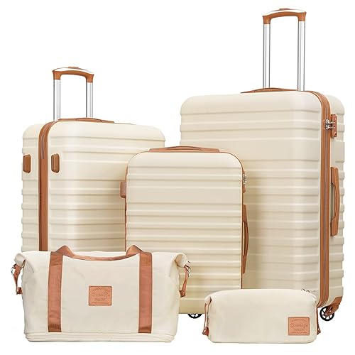 Coolife Suitcase Set 3 Piece Luggage Set Carry On Hardside Luggage with TSA Lock Spinner Wheels (White, 5 piece set) - White - 5 piece set