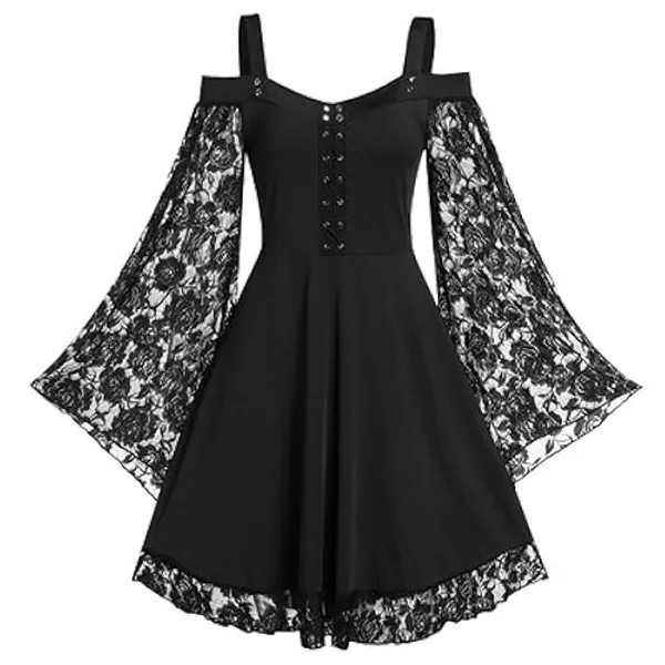 Gothic Vintage Lace Patchwork Women Dress Plus Size Goth Bandage Ladies Spaghetti Strap Dresses - XX-Large - Black