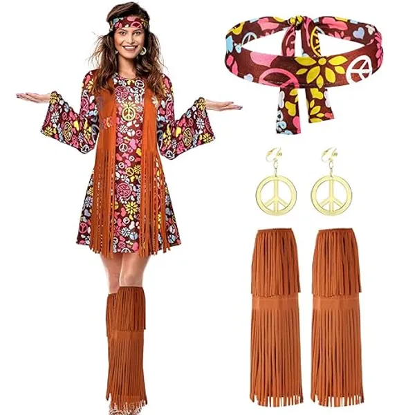 SATINIOR 70s 60s Hippie Costume Set 70s Outfits Accessories Women Disco Dress for Halloween - Adult Size (xx-large)