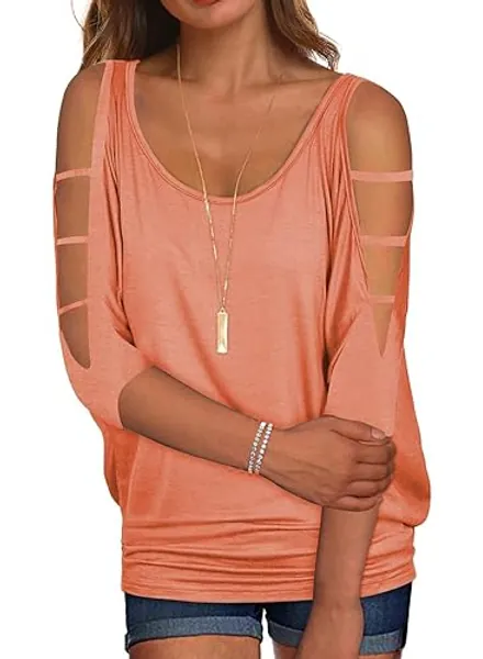 Miselon Women Cold Shoulder O-Neck Short Sleeve Loose Fit Summer Shirt Blouse Tops - XX-Large - B-coral