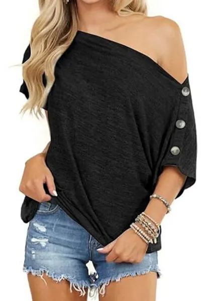 REVETRO Womens Short Sleeve Shirts Off The Shoulder Tops Sexy Button Down Shirt Loose Tunic Top Blouses Summer Tops… - Black - XX-Large