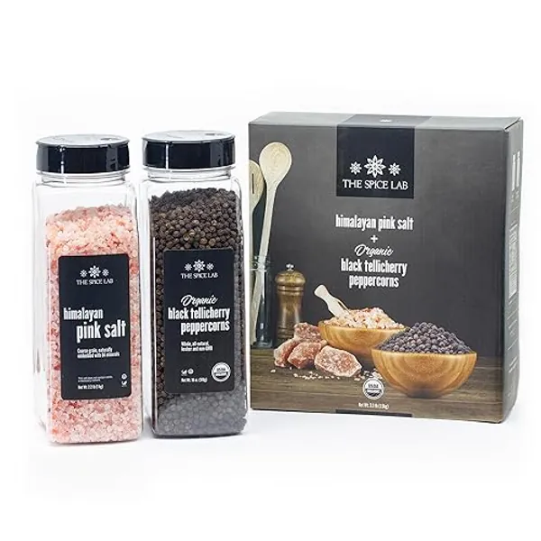 The Spice Lab Pink Himalayan Salt Coarse 2.2 Pound Tub & USDA Organic Tellicherry Peppercorns 18oz Tub - Combo Salt and Pepper Gift Pack - Peppercorns for Grinder