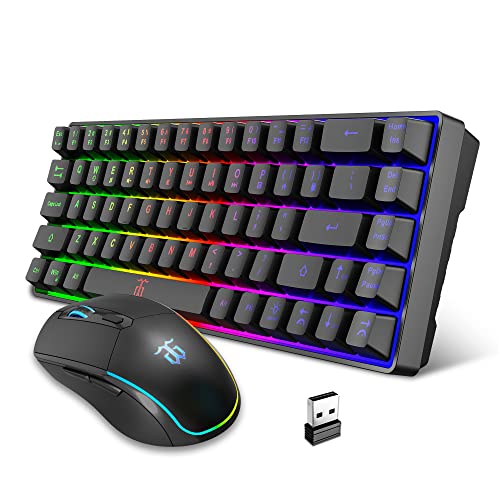 Snpurdiri 60% Wireless Gaming Keyboard and Mouse Combo,LED Backlit Rechargeable 2000mAh Battery,Small Membrane But Mechanical Keyboard + 6D 3200DPI Mice for Gaming,Business Office - Black Combo
