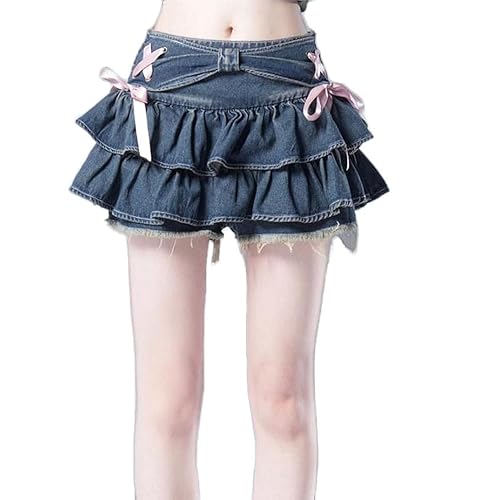 Y2K Women Ruffle Hem Blue Jean Pleated Mini Skirt - Denim Bustier Top Suit - Skirt - Small