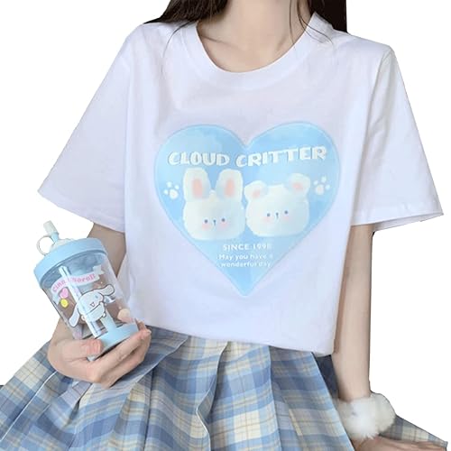 ZLMuMulin Kawaii Clothes Pastel Goth Fashion Crewneck Soft Cute Cartoon Heart Print Cloud Critter T-Shirt - Small - White