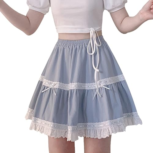 Cute Skirts for Women Teen Girls High Waist Lolita Kawaii Vintage Layered Lace Party A-line Mini Skirt - Medium - Blue