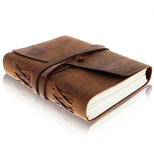 moonster Leather Journal Writing Notebook, Vintage Handmade Bound Notepad for Men & Women - Write in Plain Thick Paper 8x6 Inch Large Blank Pages, Drawing Sketchbook Travel Diary, Unlined Note Book - 8" x 6" Unlined