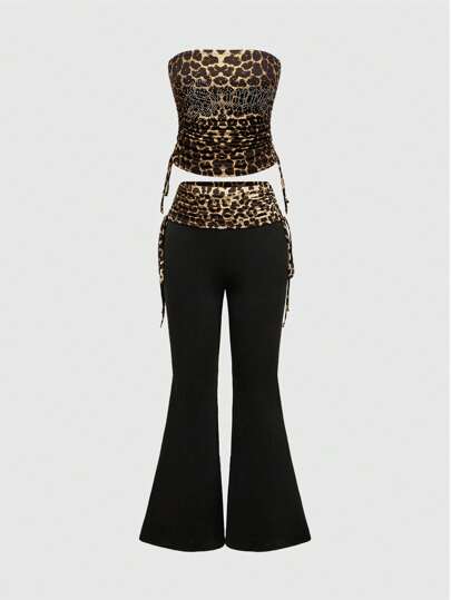 ROMWE 2pcs/Set Women Letter Print Rhinestone Leopard Pattern Side Drawstring Tube Top And Flare Pants, Sexy Outfit