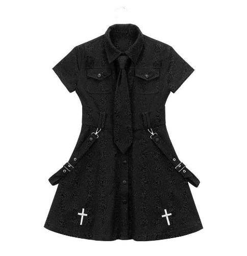 Punk Goth Cross Embroidery Dress - Black with tie / S