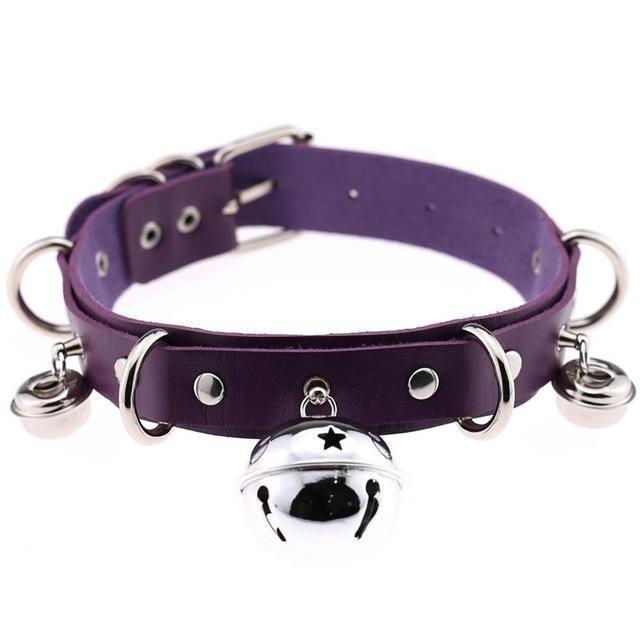 Pleather Cat Bell Collar - Purple