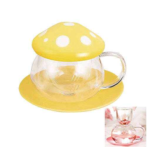 Rain House Cute Cups Mushroom Tea Cup with Tea Infuser and Spoon, Kawaii Mushroom Mugs, Glass Cups with Ceramic Lid and Coaster, Perfect for Girls Women for Home and Office Use, 290ML/9.6oz (Yellow) - Yellow