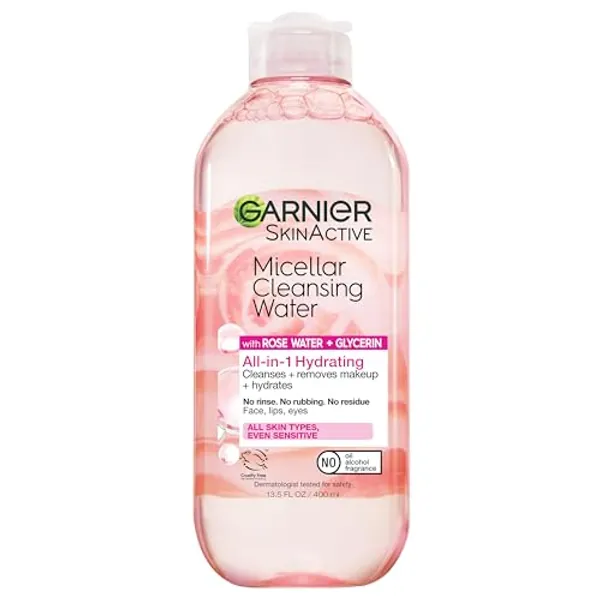 Garnier Micellar Water with Rose Water and Glycerin, Hydrating Facial Cleanser & Makeup Remover, For All Skin Types, Vegan, Cruelty Free, 13.5 Fl Oz (400mL), 1 Count