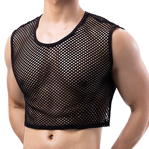 Men's Fishnet Crop Tops Mesh T Shirt See Through Undershirt Nightwear Sheer Shirt - Vest# Black - X-Large