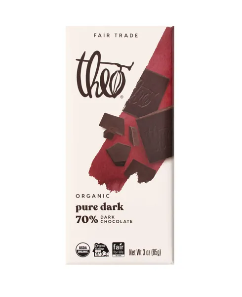 Theo Chocolate Pure Organic Dark Chocolate Bar, 70% Cacao, 12 Pack | Vegan, Fair Trade - 3 Ounce (Pack of 12)