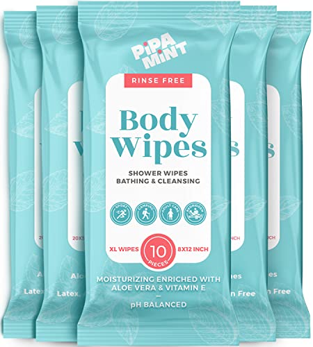 Body Wipes (5 Packs) 50 XL Shower Wipes Body Wipes for Adults Bathing, Traveling, Camping, Gym, Car, Elderly, Bedridden - Bath Wipes - Disposable Washcloths for Adults No Rinse - 50 Count (5 Pack)