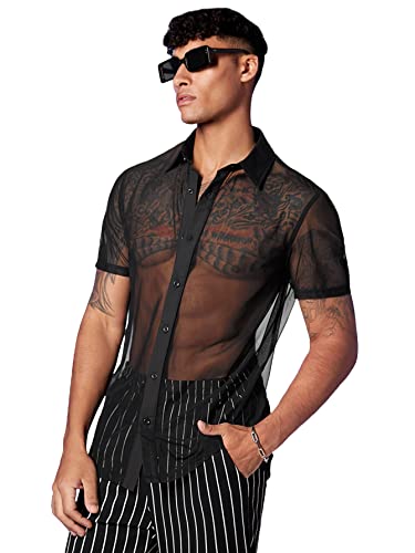 Verdusa Men's Sheer Mesh Button Up Shirt See Through Short Sleeve Top - XX-Large - Black