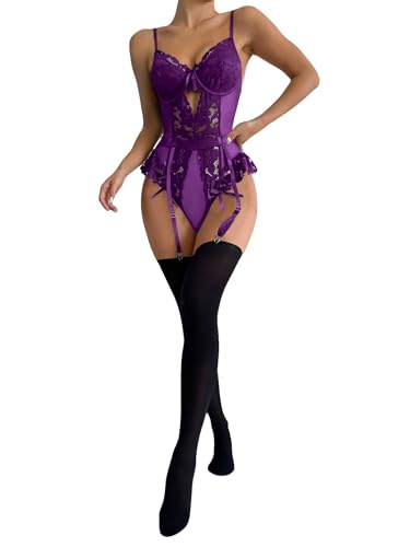 OYOANGLE Women's 4 Piece Lingerie Sets Floral Lace Bow Teddy Bodysuit with Stockings - Medium - Purple