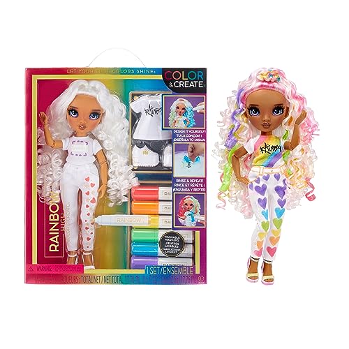 Rainbow High Color & Create Fashion DIY Doll with Washable Rainbow Markers, Purple Eyes, Curly Hair, Bonus Top & Shoes. Color, Create, Play, Rinse and Repeat. Creative 4-12+