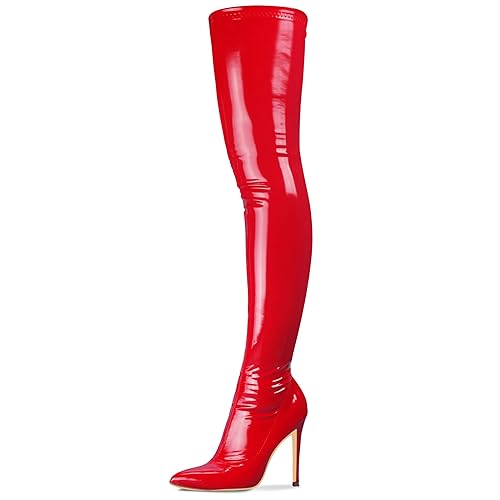 Women's Patent Leather PU Thigh High Boots Pointy Toe Side Zippe Fashion Comfy Sexy Stiletto High Heel Over The Knee Boots - 8.5 - Red