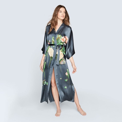 Silk Handpainted Crane Long Kimono Robe | night shadow (final sale) / one size