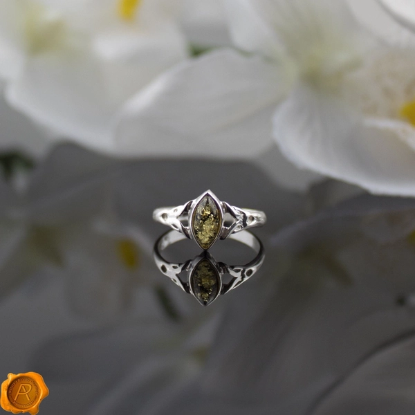 Celtic Dainty Green Baltic Amber Gemstone Sterling Silver Ring for Women | Crystal Small Silver Ring | Minimalist Green Amber Stack Rings
