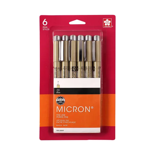 Sakura 50035 6-Piece Pigma Micron-01 Ink Pen Set, 0.25mm, Black - 