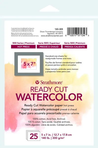 Strathmore 140-305 500 Series Ready Cut Watercolor Paper, 140 lb. Hot Press, 5"x7", 25 Sheets, Multicolor - 5" x 7"; Hot Press