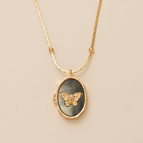 Vintage Butterfly Shell Openable Copper Locket Necklace - Black / With Chain