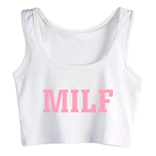 Hot Milf Funny Printed Cotton Sleeveless Crop Top - Large - White