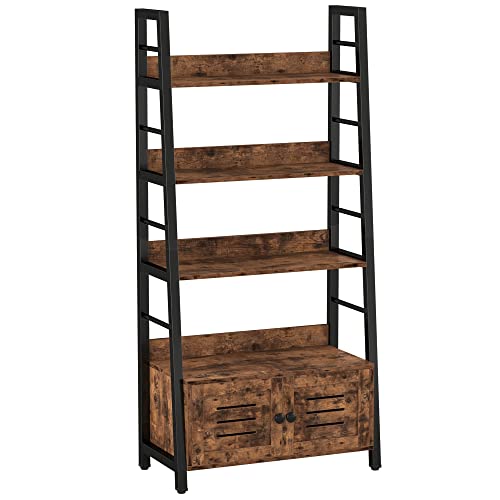 IRONCK Bookshelf with Louvered Doors, 3-Tier Ladder Shelf with Cabinet Industrial Accent Furniture for Bedroom Living Room Home Office, Rustic Brown - 3 Shelves