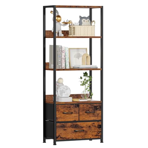 Furologee 59" Tall Bookcase Storage Shelf 4-Tier, Industrial Bookshelf Rack with 3 Fabric Storage Drawers, Wood Top for Photos Books, Display in Bedroom,Living Room, Office, Kitchen - Rustic Brown