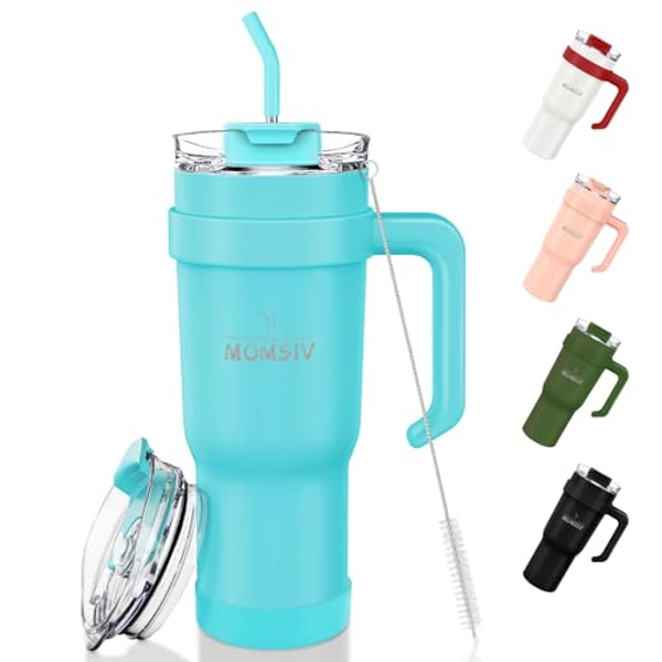 MOMSIV 40oz Thermobecher mit Stroh und Griff, 1100ml Spülmaschinenfest Kaffeebecher, Doppelwandiger Edelstahl Vakuum Auslaufsicher Isolierbecher Autobecher mit Deckel für Kalte Heiße Getränke, Blau