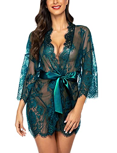 Avidlove Women's Lace Kimono Robe Babydoll Lingerie Mesh Nightgown S-5XL - Peacock Blue - XX-Large