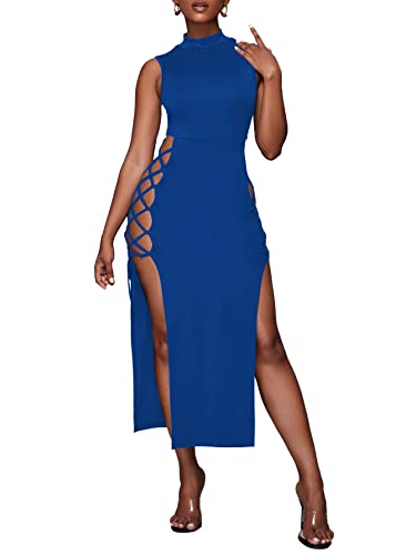 LYANER Women's Mock Neck Cut Out Side Lace Up Sleeveless Bodycon Maxi Tank Dress - X-Large - Royal Blue