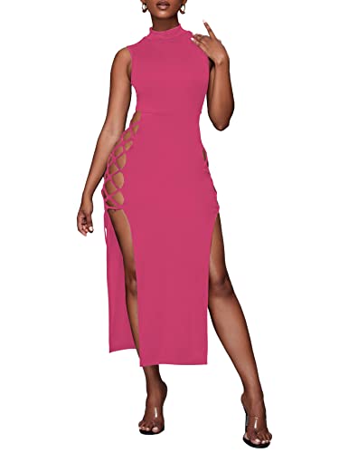 LYANER Women's Mock Neck Cut Out Side Lace Up Sleeveless Bodycon Maxi Tank Dress - X-Large - Rose