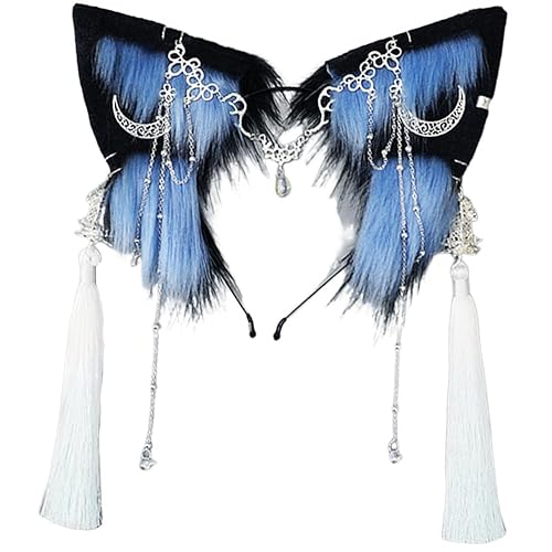 LJJCSFF Furry Bunny Rabbit Cat Ears Headband Handmade Animal Fur Ears Halloween Cosplay Fox Wolf Costume Lolita Goth Cat Ears - Blue