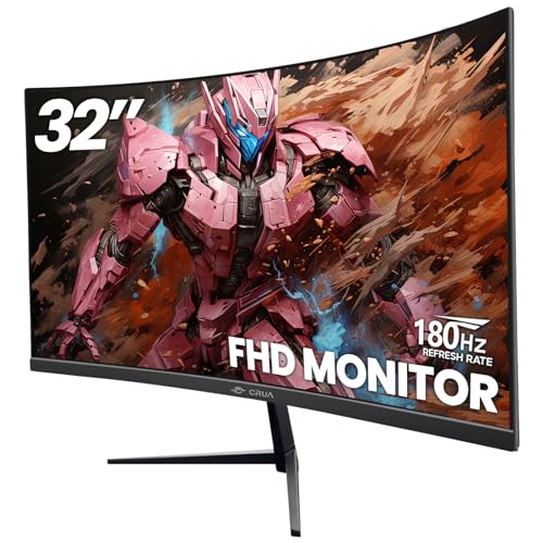 CRUA 32Inch Gaming Monitor, FHD(1920 * 1080P) VA Screen 144Hz/180Hz Curved Monitor, 1800R, 100% sRGB, Computer Monitor That Support AMD Freesync, HDMI, Displayport, Wall Mountable Installs-Black - 32Inch - FHD 180Hz