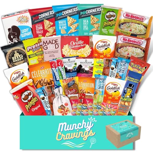 MunchyCravings Snack Box (35 Count) Healthy Variety Care Package for Adults & Teens – Includes Chips, Cookies, Bars – For Gift, Movie Night, Halloween