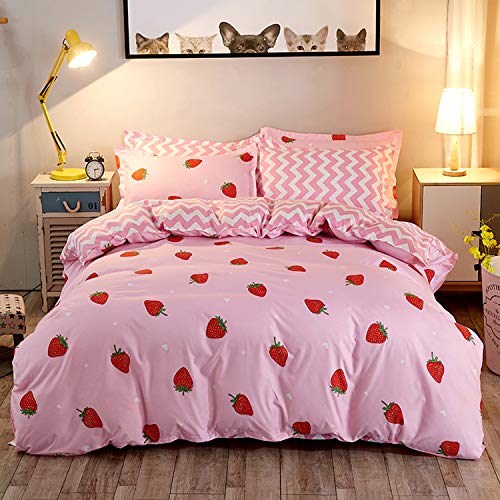 Kawaii Bedding, Strawberry Comforter Cover Set, Girls Women Kids Kawaii Room Decor, Pink Strawberry Decor Bedding Sets, Soft Reversible Geometry Stripe Print Kawaii Decor Bedding, Queen Size - A-pink Strawberry - Queen (No Comforter)