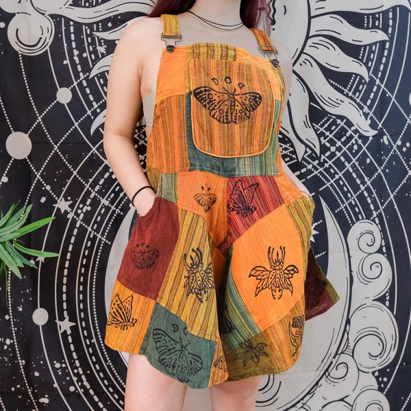 Patchwork Wide Leg Romper,Cotton Flowy Summer Overalls, Bohemian Short Jumpsuit,Plus Size Inclusive,Hippie Goth Retro Outfit, Whimsical Vibe