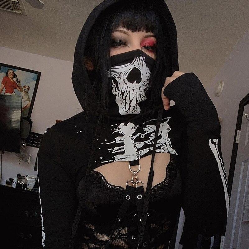 Egirl Skeleton Printed Short Black Crop Top