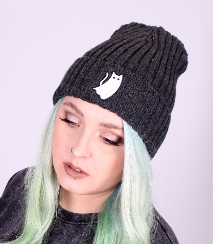 Charcoal Ghost Cat embroidered beanie | Default Title