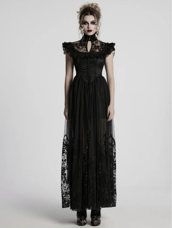 Punk Rave Black Gothic Flocking Mesh Spliced Flutter Sleeve Long Party Dress - DarkinCloset.com