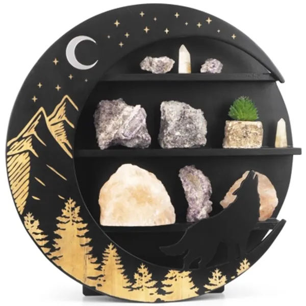 Moon Shelf with Howling Wolf – Beautiful Floating Hanging Solid Pine Wood Aesthetic Room Decor, Wall or Standing Display for Home, Precious Stones and Essential Oils Holder (Black)