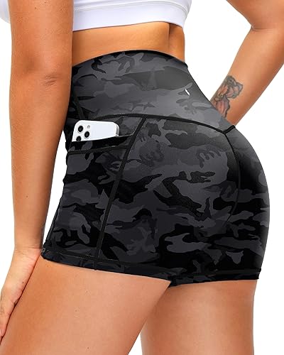 Women's High Waist Yoga Shorts with Side Pockets Tummy Control Running Gym Workout Biker Shorts for Women 8" /3" - 3" - Small - 3" Grey Camo 2