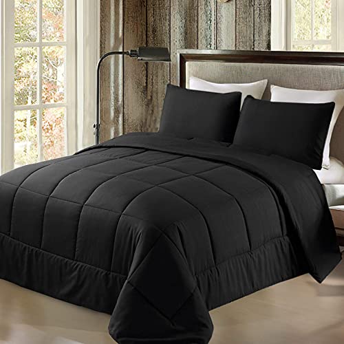 Exclusivo Mezcla Lightweight Reversible 3-Piece Comforter Set All Seasons, Down Alternative Comforter with 2 Pillow Shams, Queen Size, Black - Black - Queen